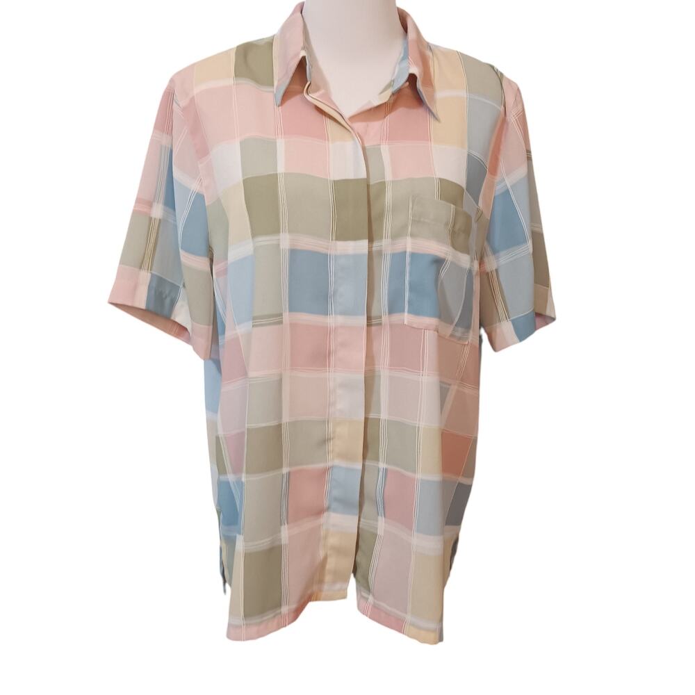 VINTAGE ALFRED DUNNER Preppy Pastel Top Blouse Shirt‎ Size 16 Squares Colorful - Picture 2 of 7